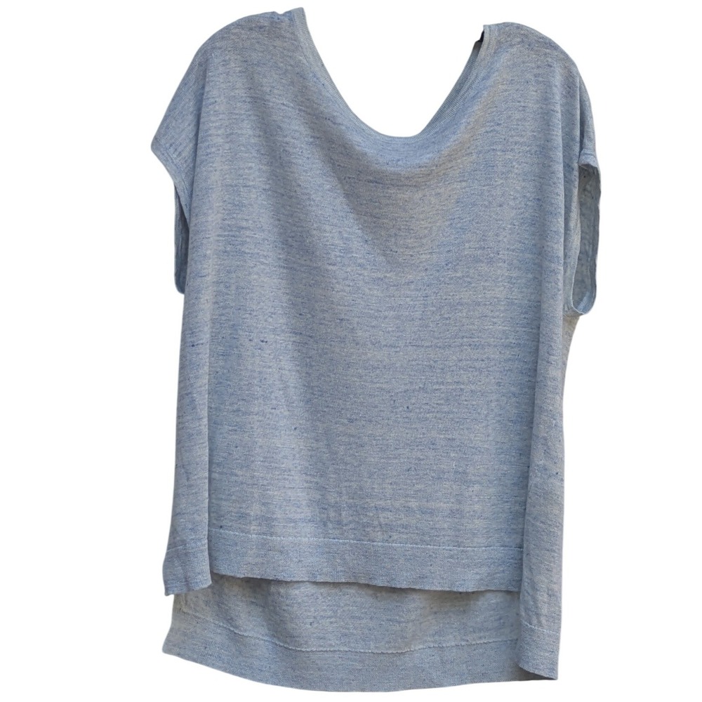 Patagonia Women Light Blue Heather Knit Boat Neck High Low Short Sleeve Sweater - Picture 2 of 4